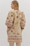 Ecru Botanical 3/4 Puff Sleeve Mini Dress