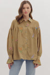 Camel Embroidered Botanical Long Sleeve Top