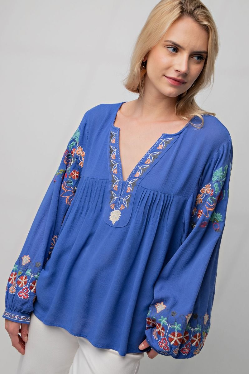 Poly Dobby Embroidered Top Royal