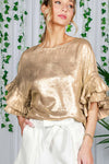 Gold Accordion Pleat Ruffle Sleeve Woven Blouse Top