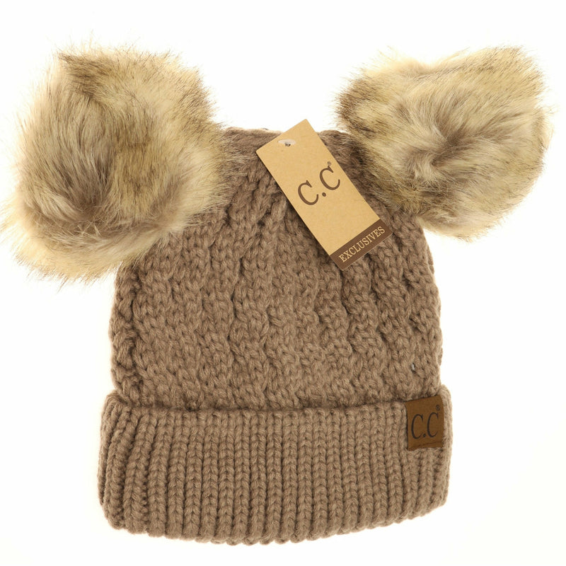 C.C Cable Knit Double Pom Beanie Taupe