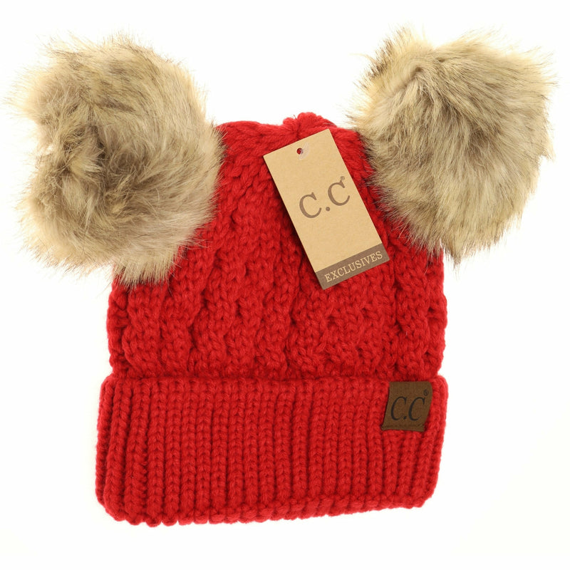 C.C Cable Knit Double Pom Beanie Red